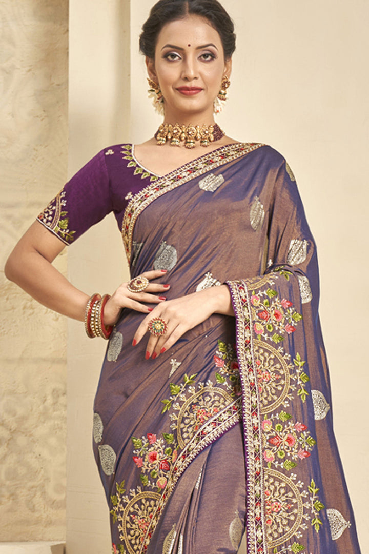 Purple Color Embroidered Fancy Saree In Art Silk Fabric