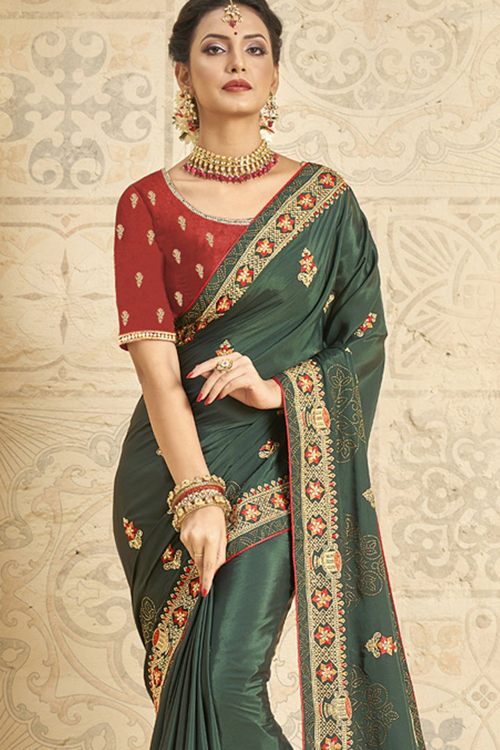 Sangeet Function Dark Green Color Crepe Silk Fabric Designer Saree