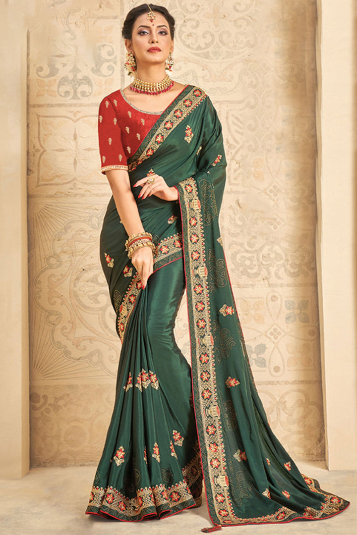 Sangeet Function Dark Green Color Crepe Silk Fabric Designer Saree