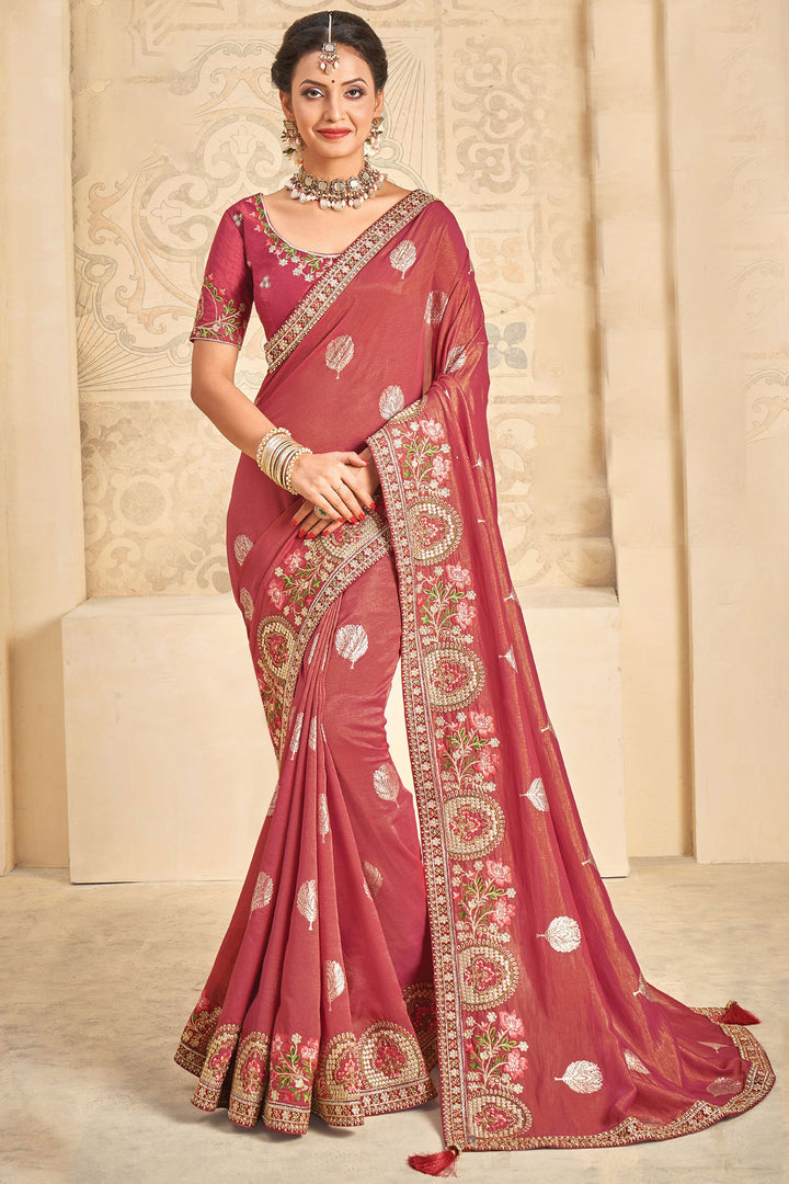 Red Color Embroidered Art Silk Fabric Function Look Saree