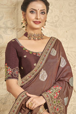 Load image into Gallery viewer, Embroidered Work Art Silk Fabric Saree In Brown Color

