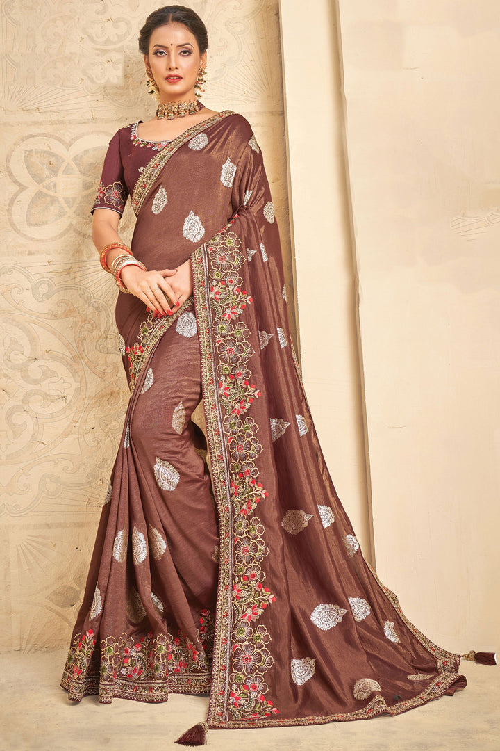 Embroidered Work Art Silk Fabric Saree In Brown Color