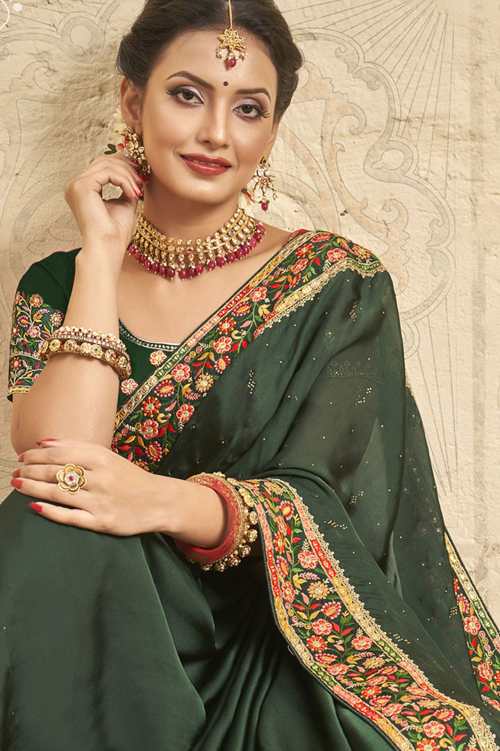 Green Color Function Wear Satin Silk Embroidered Saree
