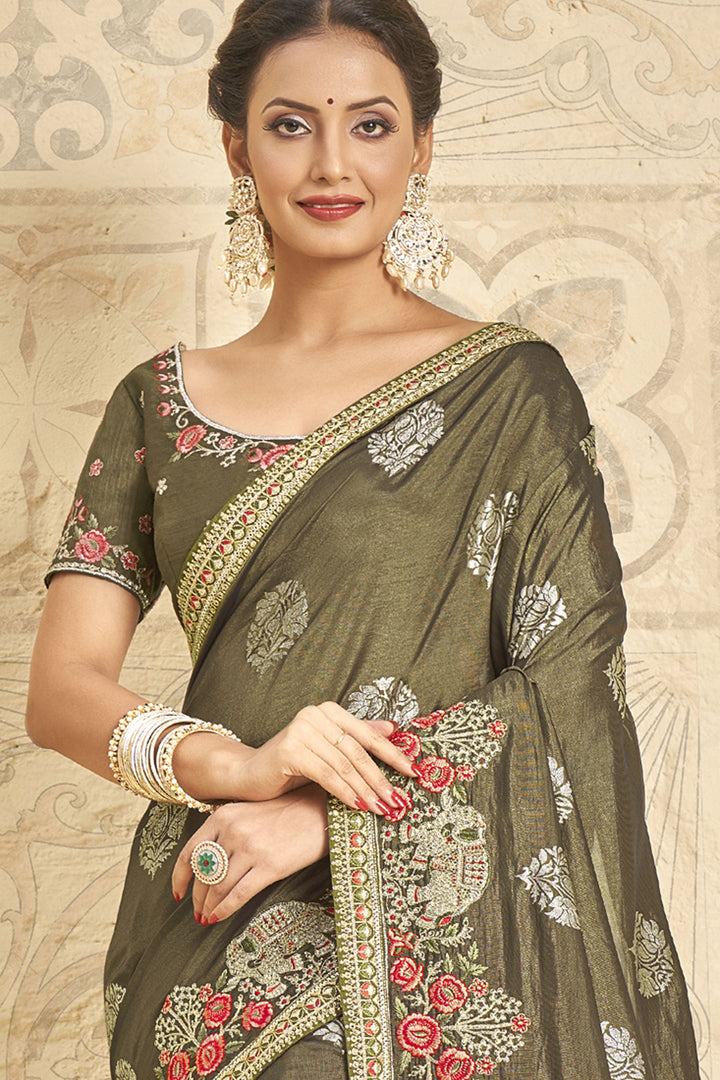 Green Function Wear Art Silk Fabric Embroidered Saree