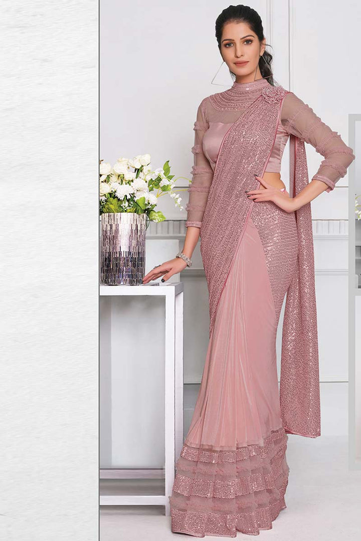 Pink Color Embroidered Work On Fancy Lycra Fabric Party Wear Subline Saree