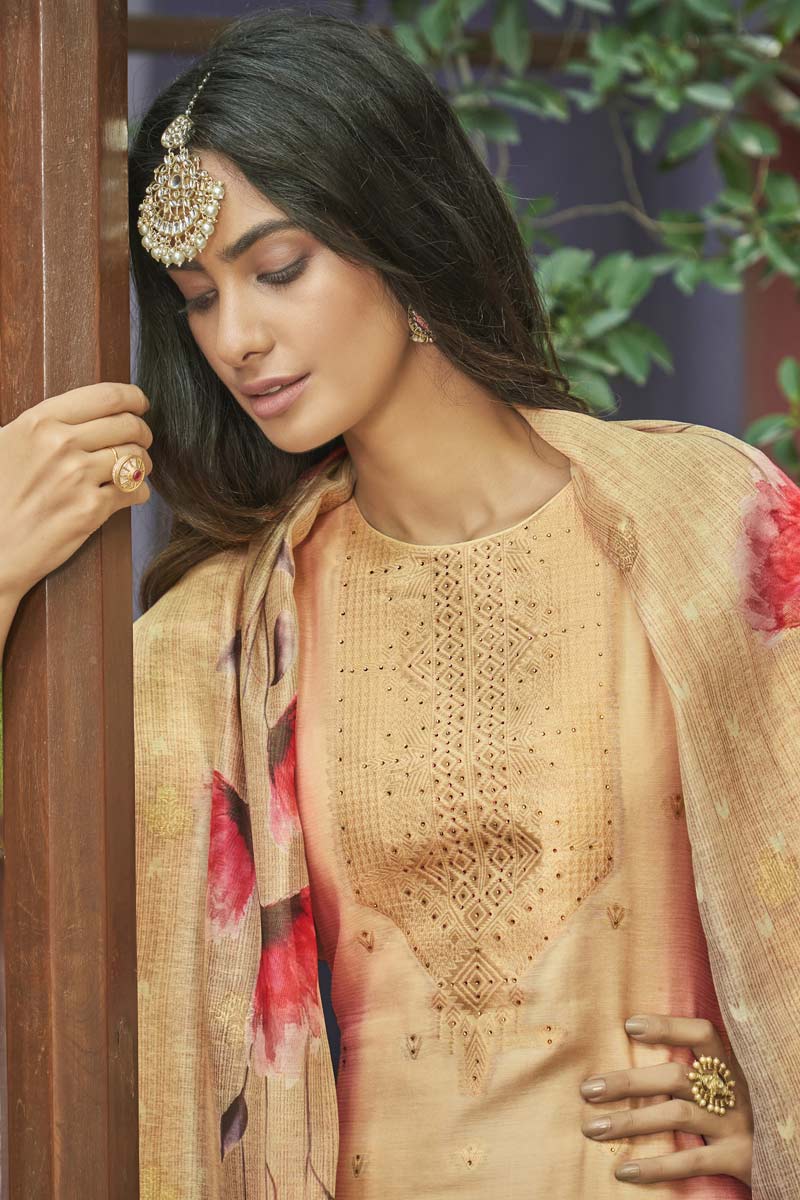 Beguiling Digital Printed Work On Cream Color Jacquard Fabric Casual Wear Salwar Suit