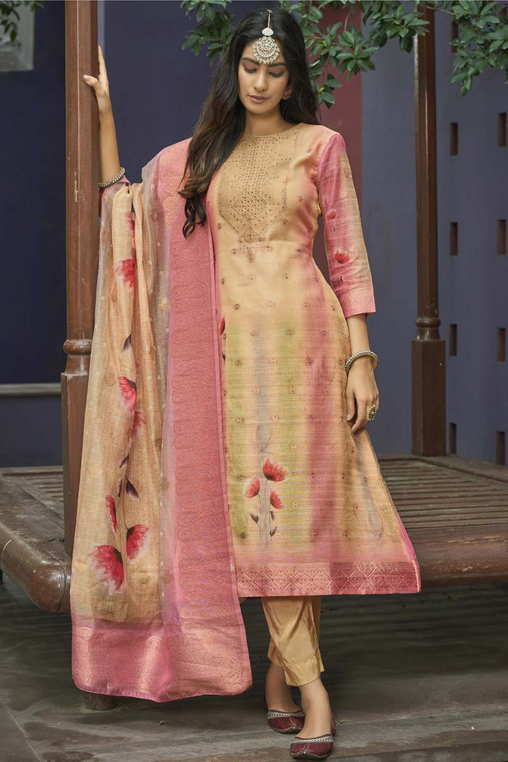 Beguiling Digital Printed Work On Cream Color Jacquard Fabric Casual Wear Salwar Suit