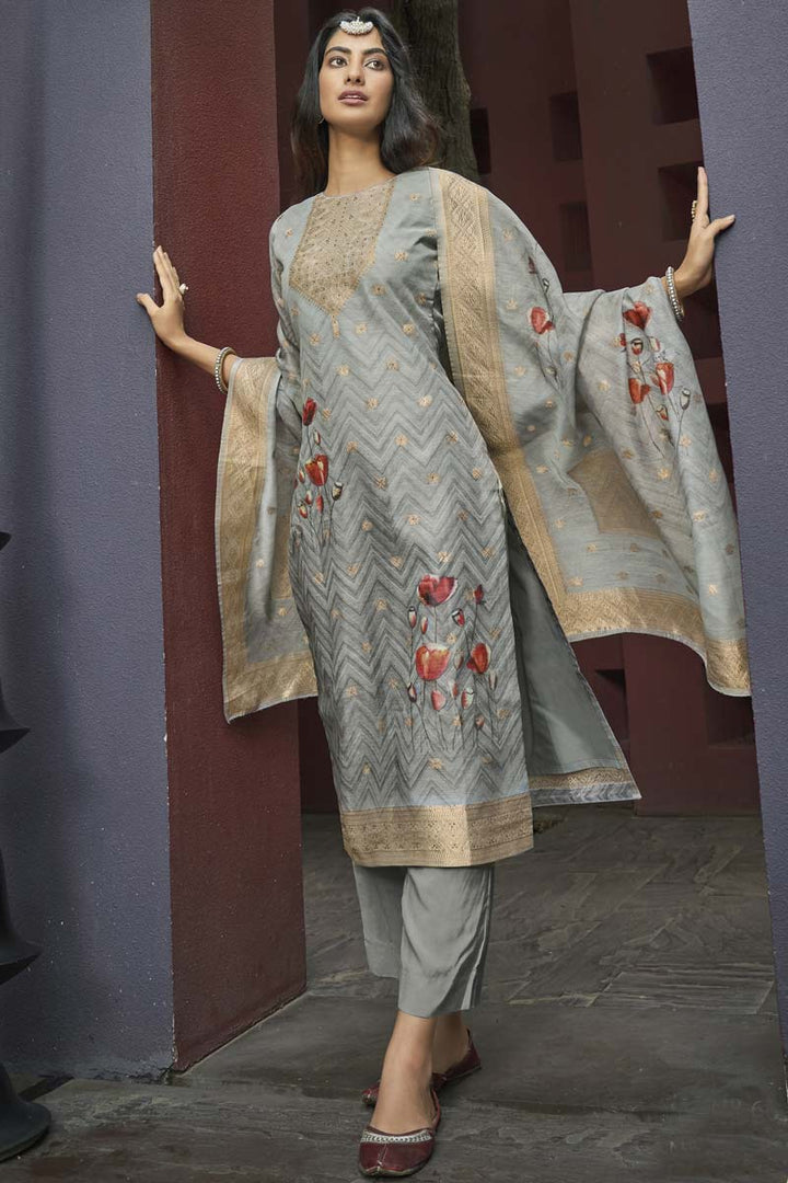 Incredible Digital Printed Work On Jacquard Fabric Grey Color Daily Wear Salwar Suit