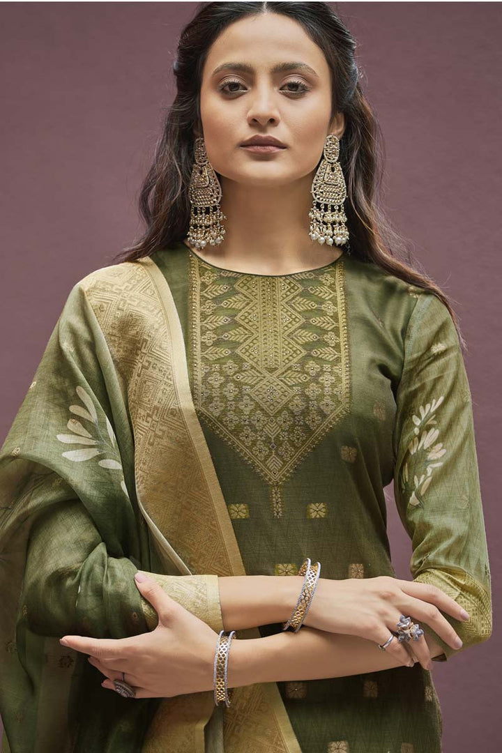 Excellent Jacquard Fabric Olive Color Daily Wear Salwar Suit With Digital Printed Designs