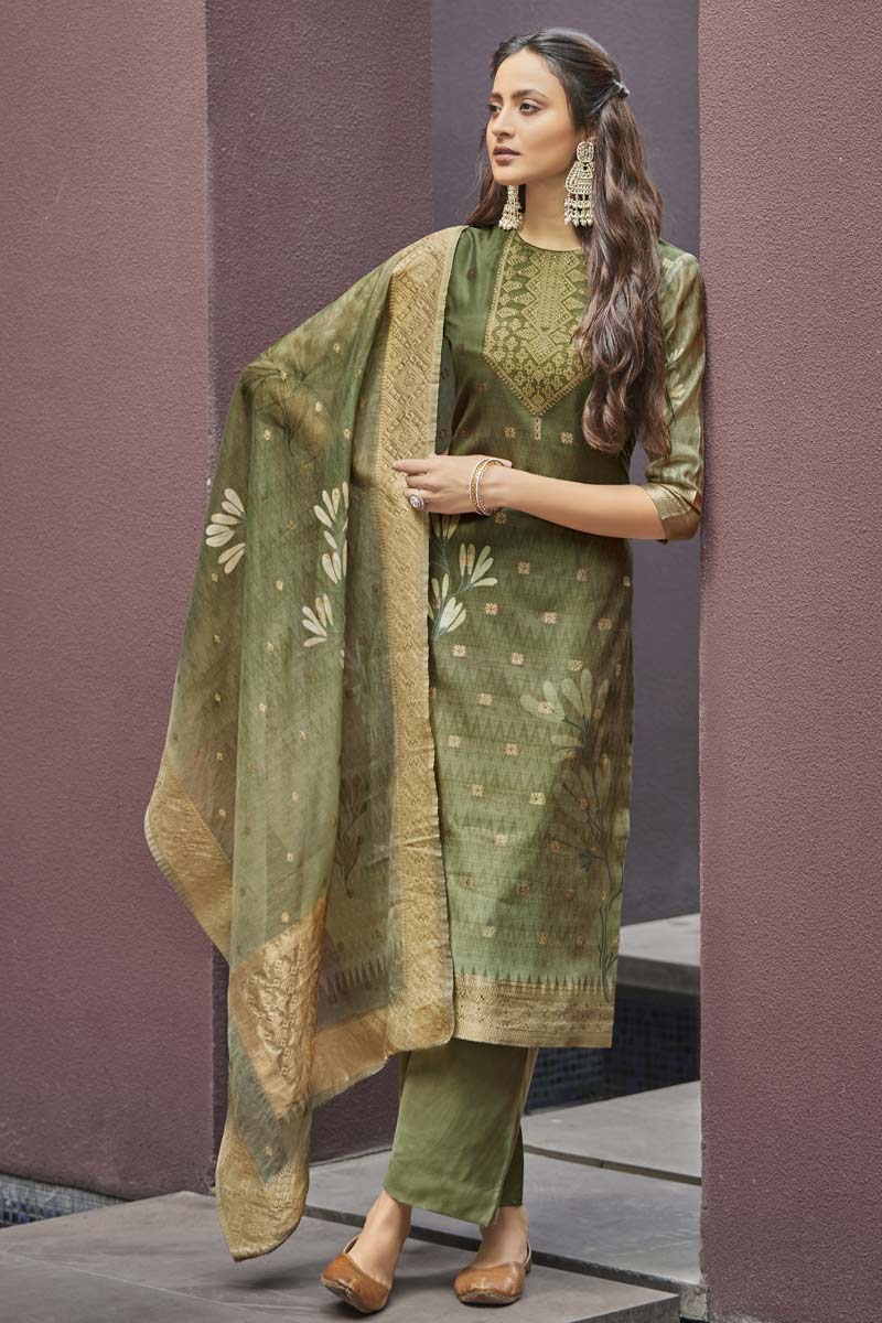 Excellent Jacquard Fabric Olive Color Daily Wear Salwar Suit With Digital Printed Designs