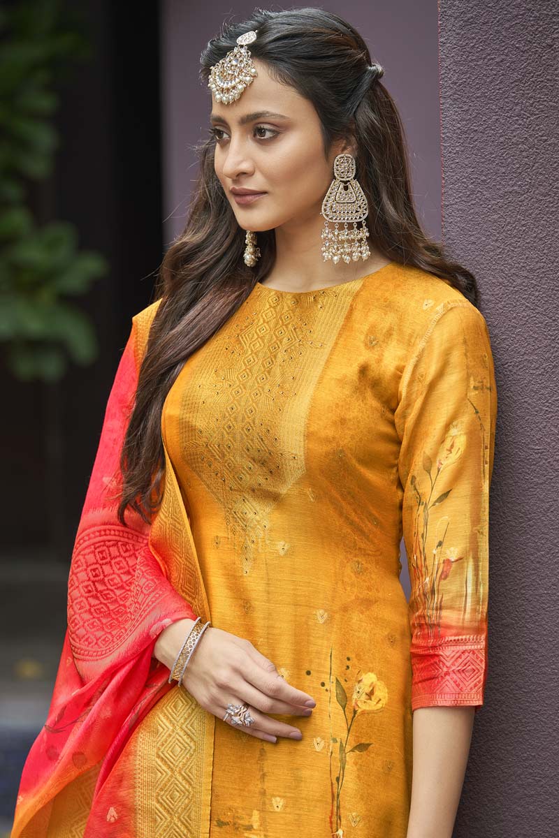 Dazzling Digital Printed Work On Mustard Color Casual Wear Salwar Suit In Jacquard Fabric
