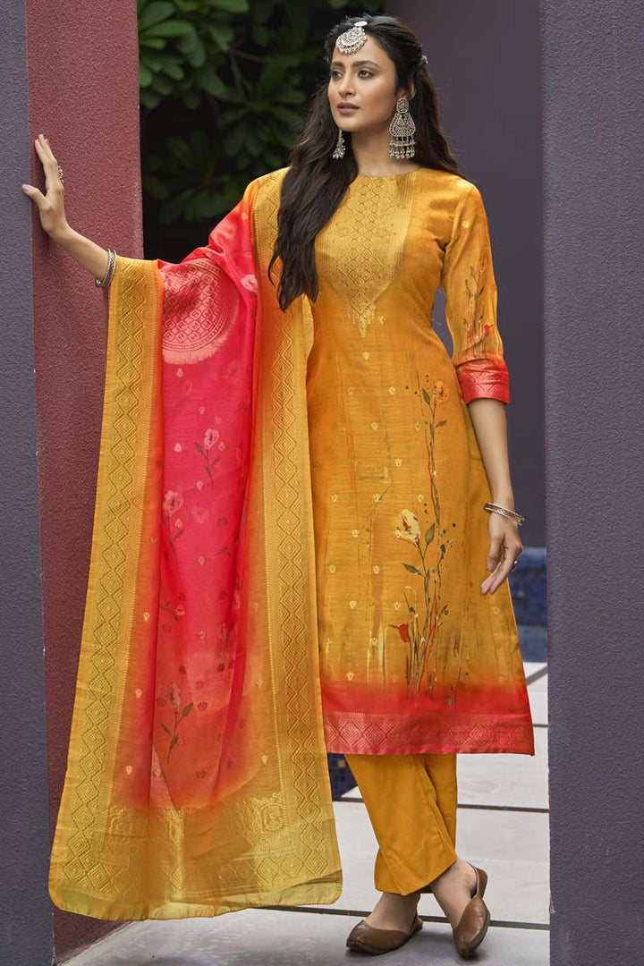 Dazzling Digital Printed Work On Mustard Color Casual Wear Salwar Suit In Jacquard Fabric