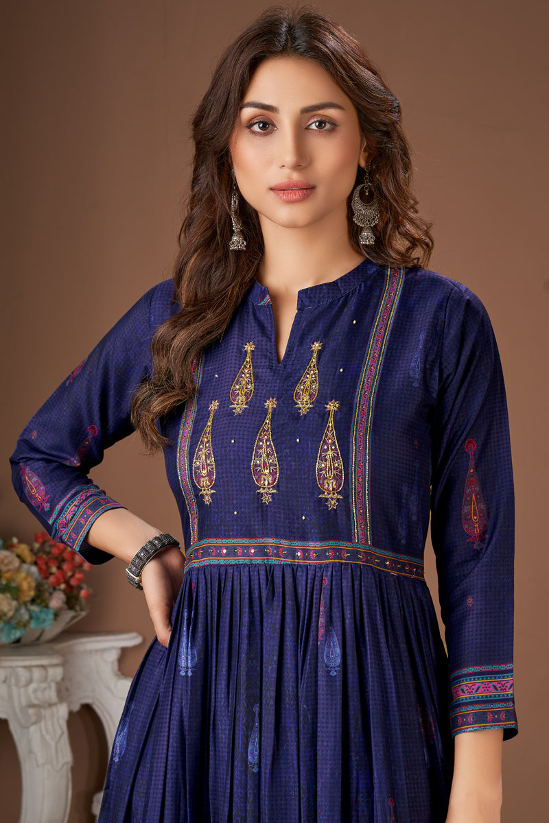 Printed Viscose Designer Festive Readymade Kurti In Navy Blue Color