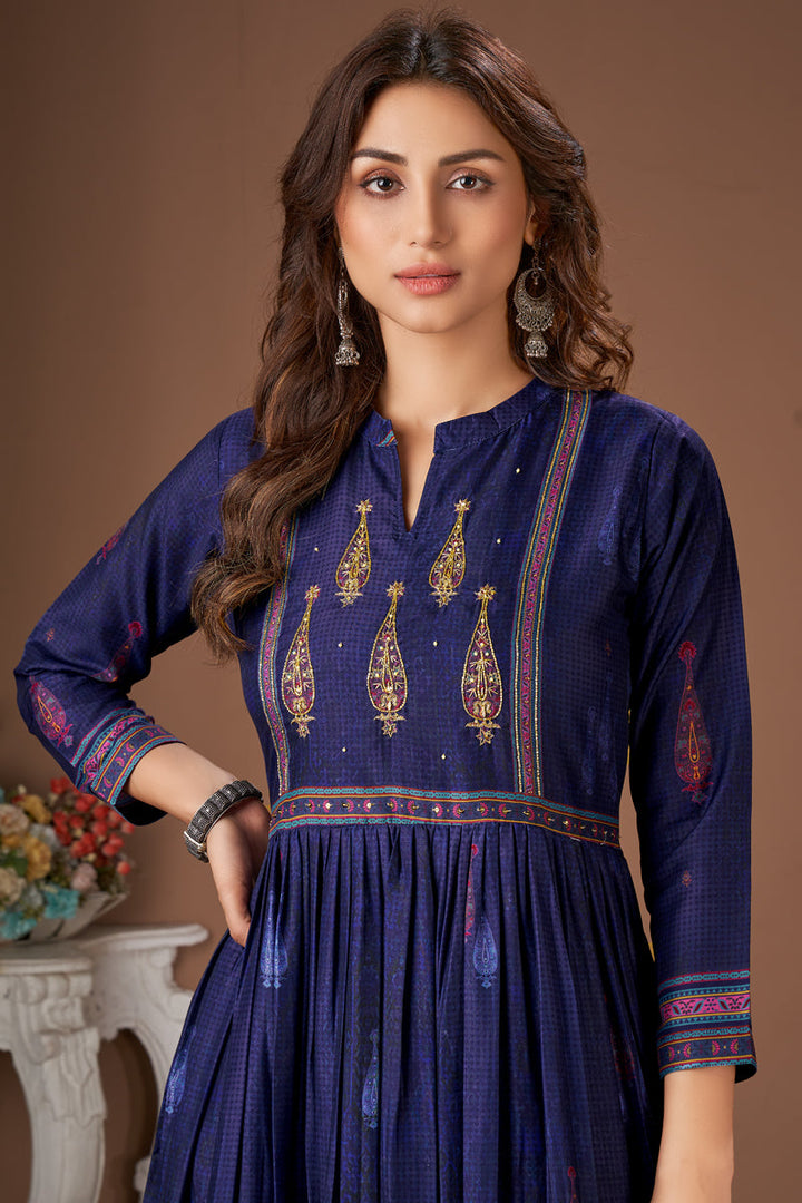 Printed Viscose Designer Festive Readymade Kurti In Navy Blue Color
