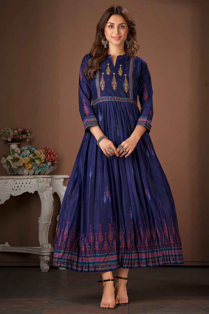 Printed Viscose Designer Festive Readymade Kurti In Navy Blue Color
