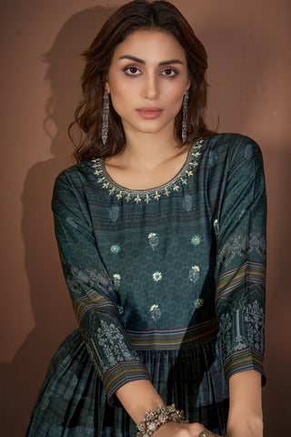 Viscose Dark Green Printed Festive Readymade Kurti