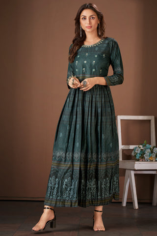 Viscose Dark Green Printed Festive Readymade Kurti