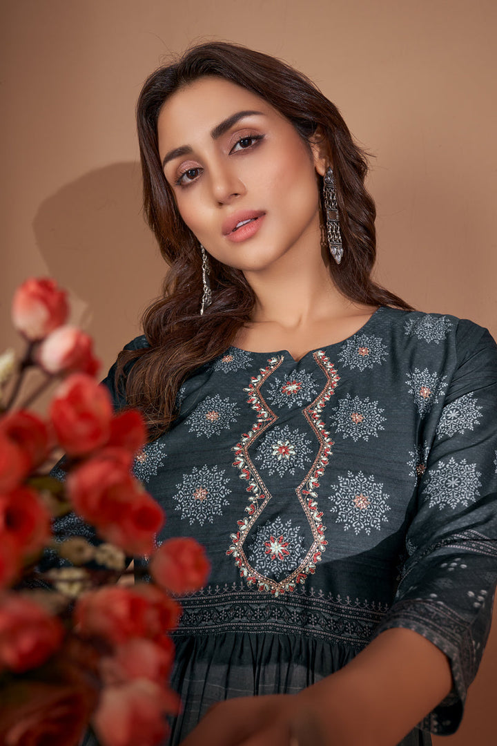 Grey Printed Viscose Designer Festive Readymade Kurti