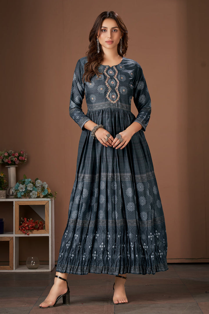 Grey Printed Viscose Designer Festive Readymade Kurti