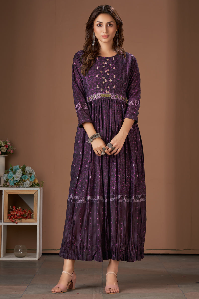 Purple Color Printed Work Viscose Festive Readymade Kurti