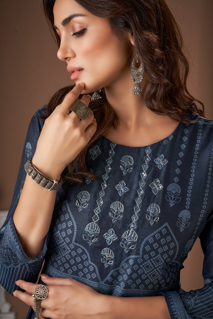 Teal Color Printed Work Viscose Festive Readymade Kurti