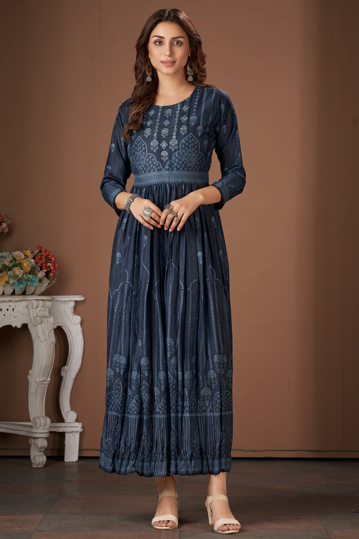 Teal Color Printed Work Viscose Festive Readymade Kurti