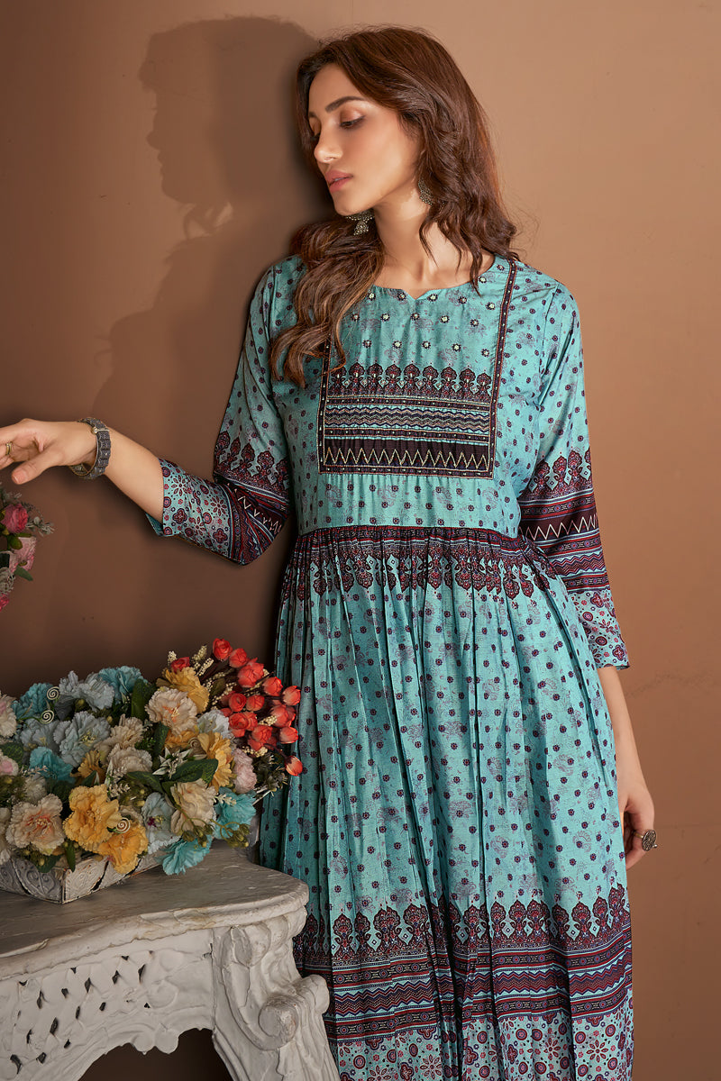 Light Cyan Color Printed Festive Readymade Kurti