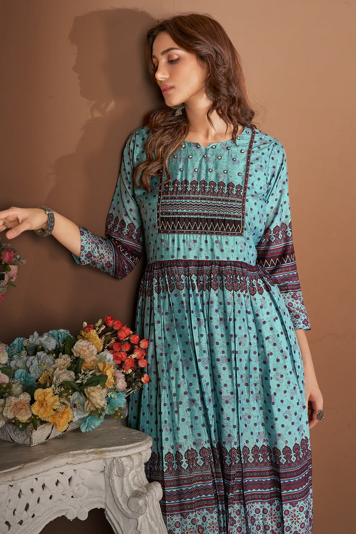 Light Cyan Color Printed Festive Readymade Kurti