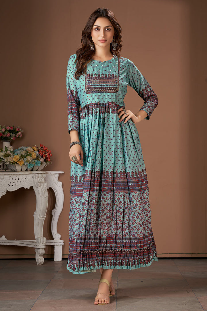 Light Cyan Color Printed Festive Readymade Kurti