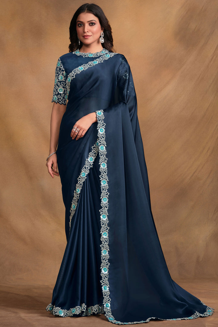 Navy Blue Color Fancy Fabric Attractive Saree With Designer Blouse