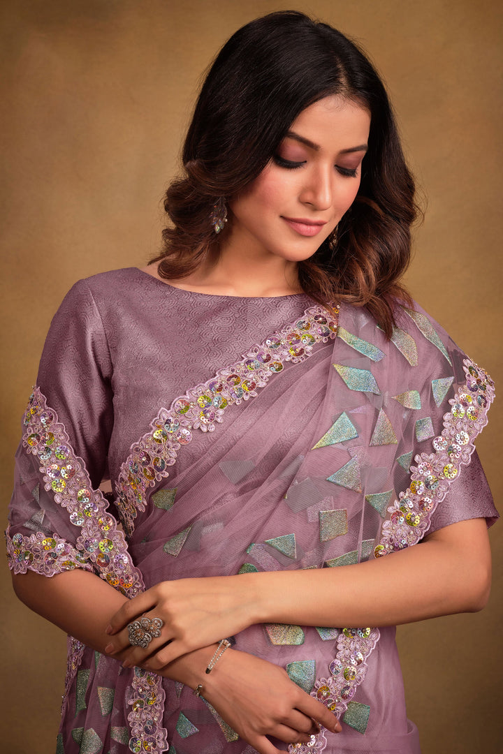 Party Wear Lavender Color Fancy Fabric Saree With Designer Blouse