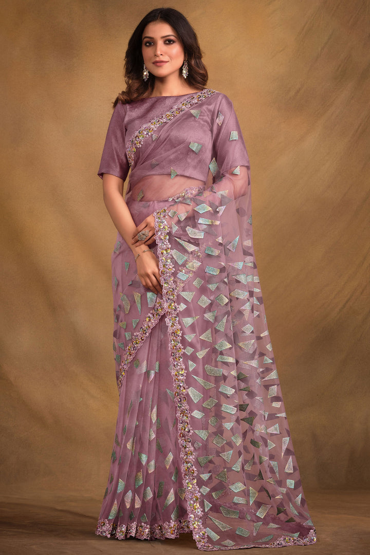 Party Wear Lavender Color Fancy Fabric Saree With Designer Blouse