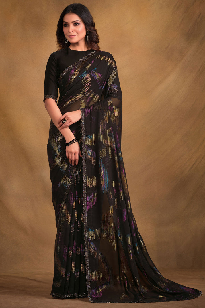 Black Color Fancy Fabric Party Look Hand Work Saree With Designer Blouse