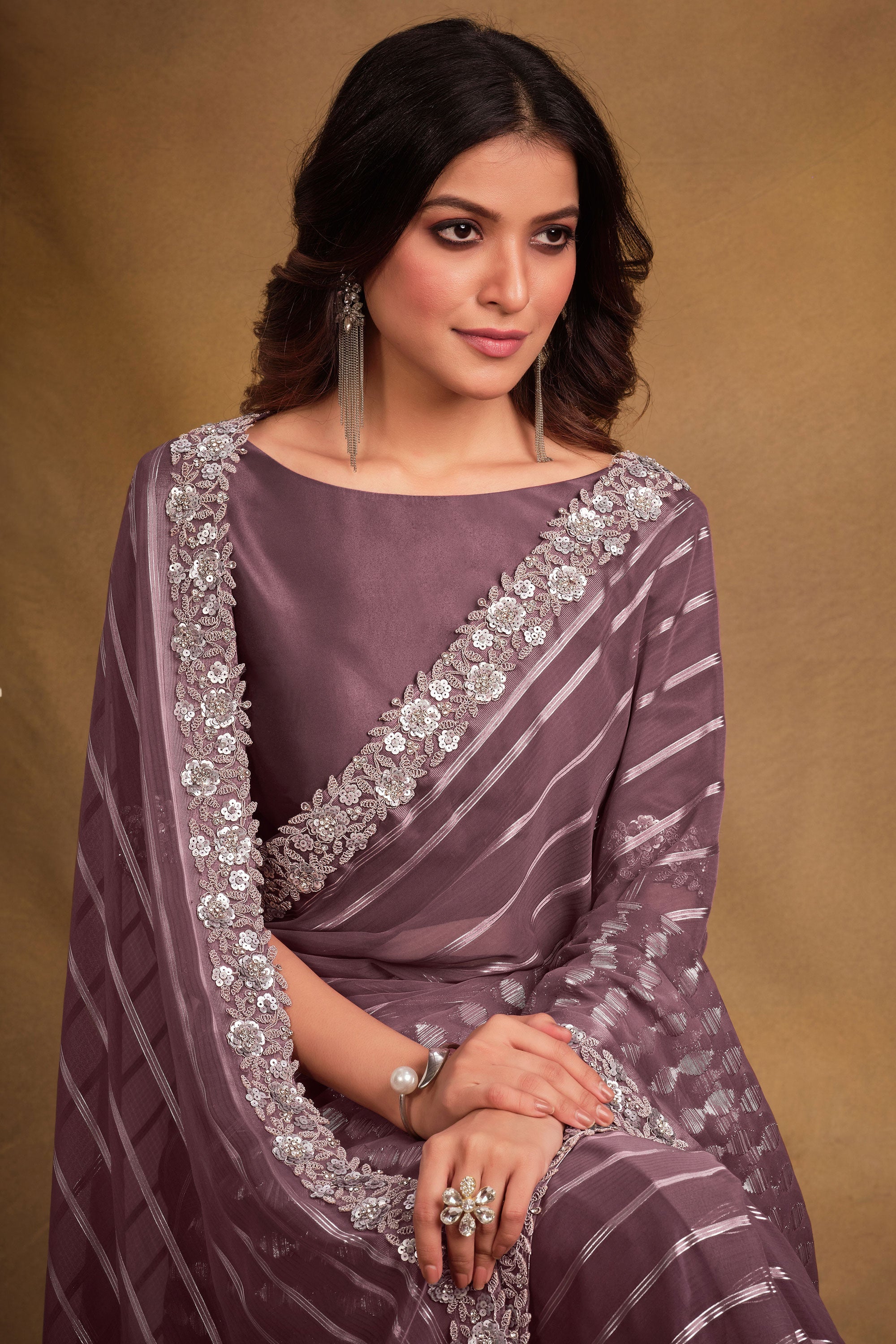 Party Style Fancy Fabric Lavender Color Saree With Designer Blouse