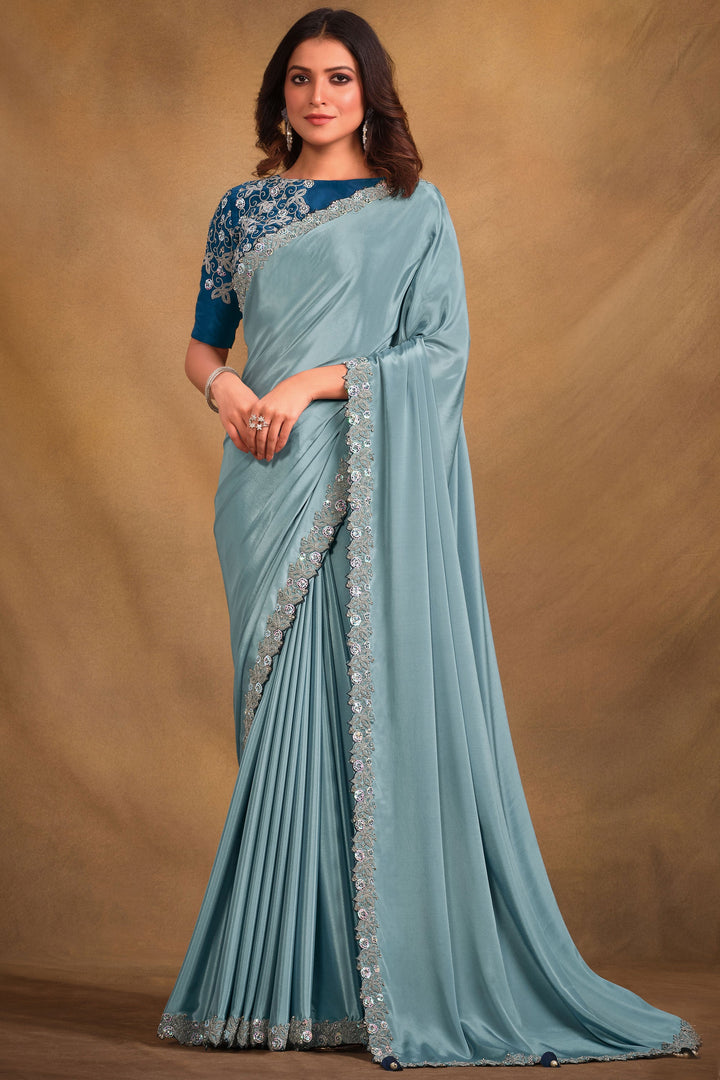 Light Cyan Color Fancy Fabric Saree With Designer Blouse