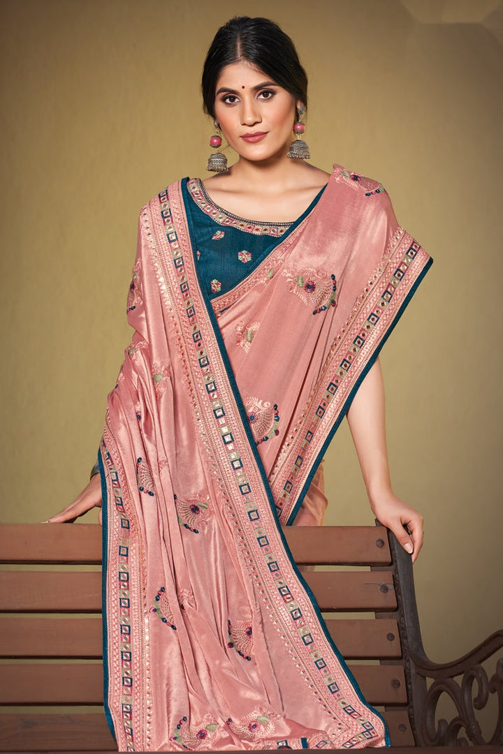 Peach Color Reception Wear Trendy Embroidered Saree In Satin Silk Fabric