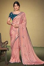 Load image into Gallery viewer, Peach Color Reception Wear Trendy Embroidered Saree In Satin Silk Fabric
