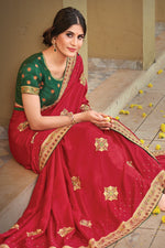 Load image into Gallery viewer, Georgette Silk Fabric Embroidered Red Color Sangeet Wear Trendy Saree
