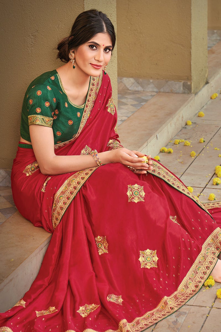 Georgette Silk Fabric Embroidered Red Color Sangeet Wear Trendy Saree