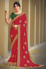 Load image into Gallery viewer, Georgette Silk Fabric Embroidered Red Color Sangeet Wear Trendy Saree
