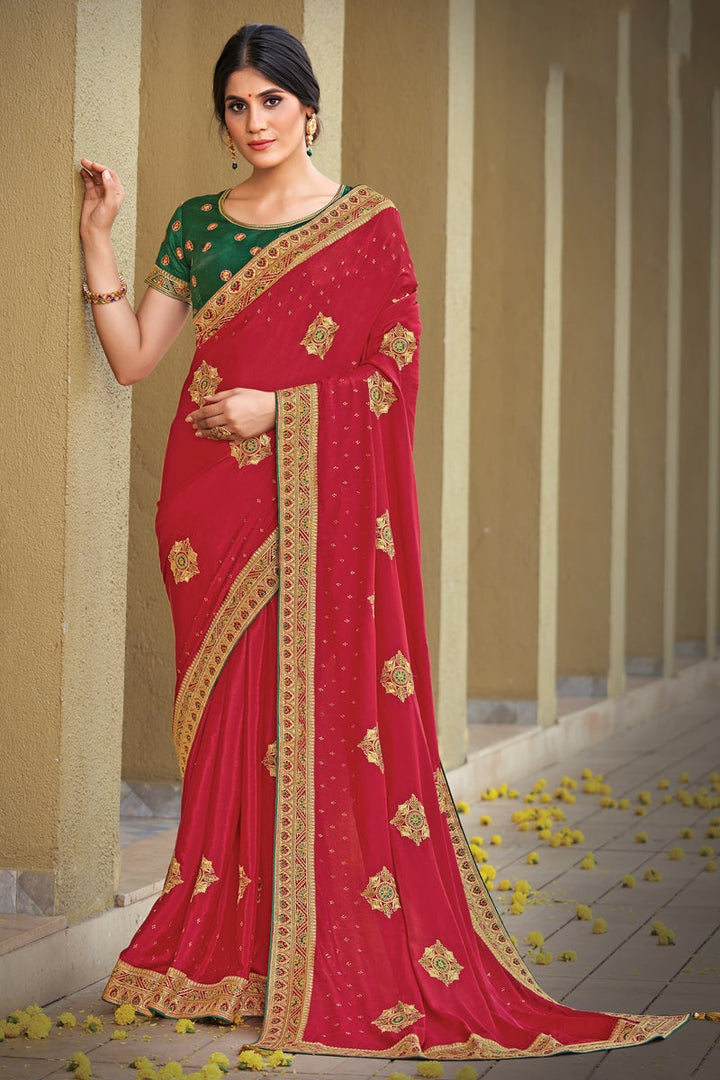 Georgette Silk Fabric Embroidered Red Color Sangeet Wear Trendy Saree