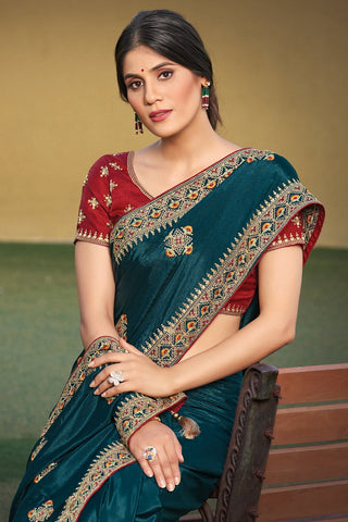 Embroidered Teal Color Satin Silk Fabric Reception Wear Saree