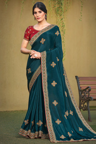 Embroidered Teal Color Satin Silk Fabric Reception Wear Saree