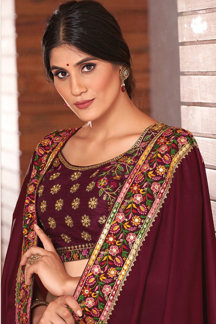 Georgette Silk Fabric Festive Wear Maroon Color Embroidered Trendy Saree