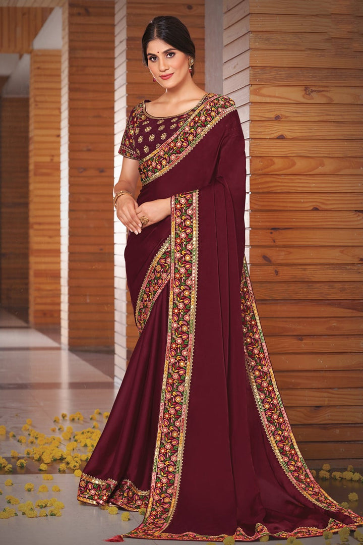 Georgette Silk Fabric Festive Wear Maroon Color Embroidered Trendy Saree