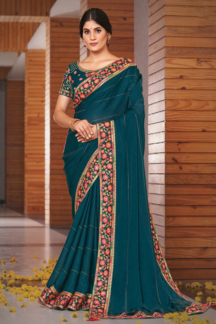 Party Wear Teal Color Georgette Silk Fabric Embroidered Designer Saree