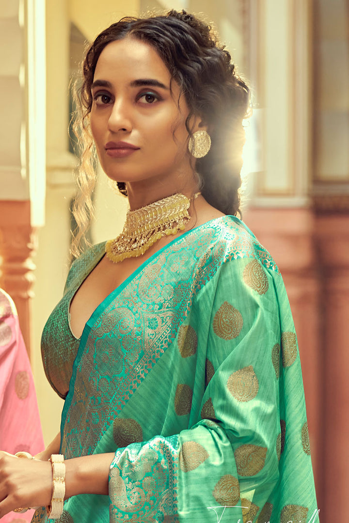 Sea Green Color Banarasi Style Silk Saree Saree With Miraculous Weaving Work