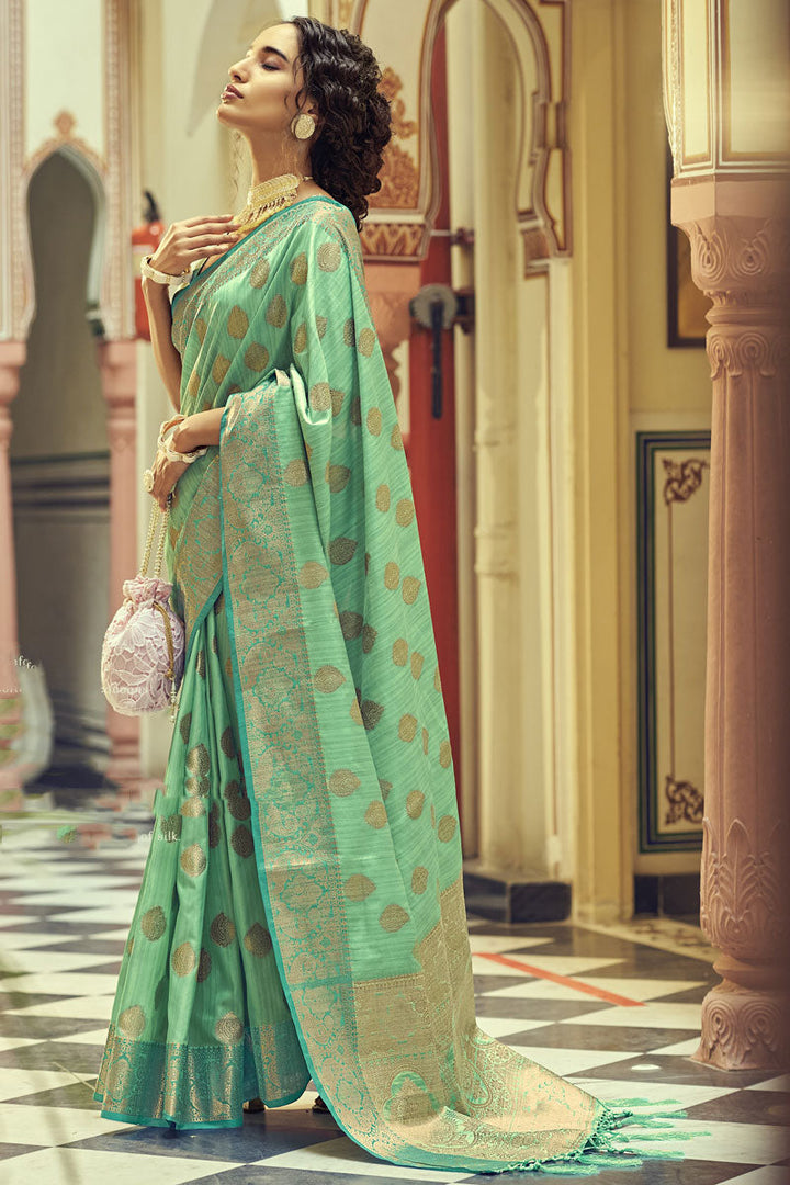 Sea Green Color Banarasi Style Silk Saree Saree With Miraculous Weaving Work
