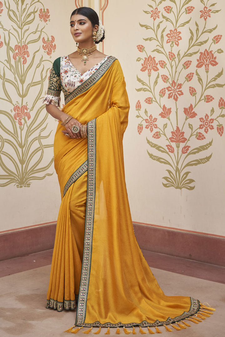 Mustard Color Art Silk Fabric Beguiling Border Work Saree In Festival Wear