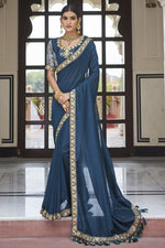 Load image into Gallery viewer, Festival Wear Teal Color Dazzling Border Work Saree In Art Silk Fabric
